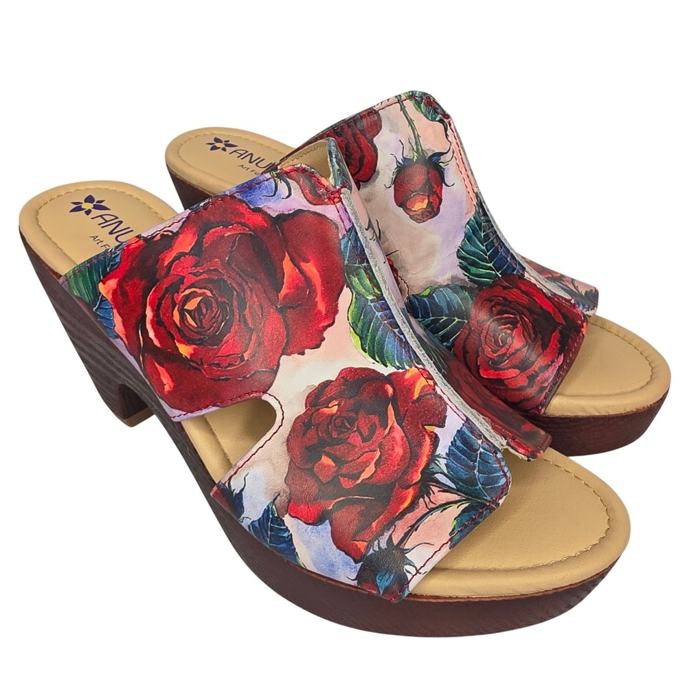 Anuschka Hand Painted Leather Rose Floral Platform Slide Sandal Mules Red Size 6